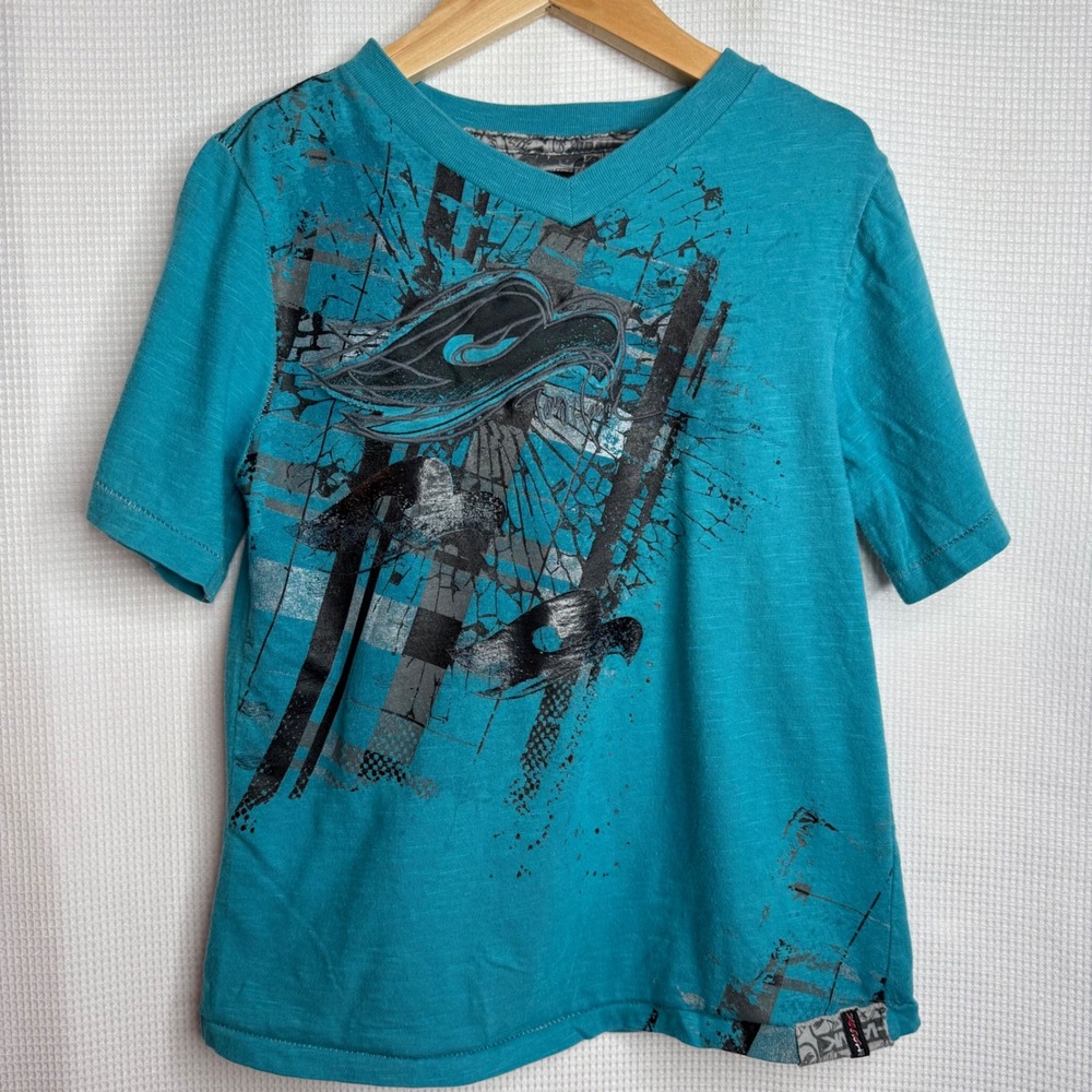 Tony Hawk Kids Teal Blue Graphic V-Neck Skater T-Shirt Size M 5/6 THK12PT004